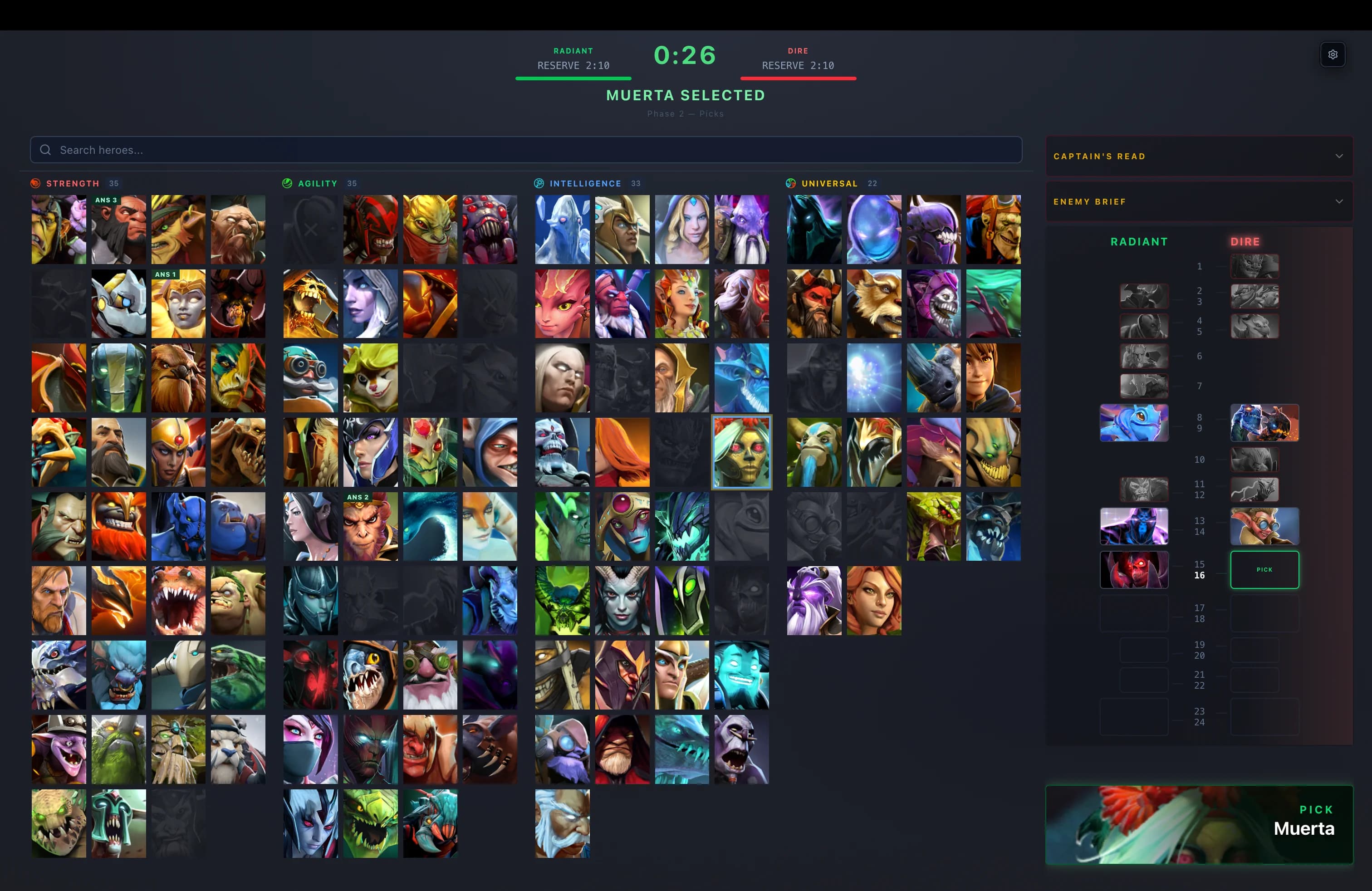 CM draft board — Dota Captain screenshot
